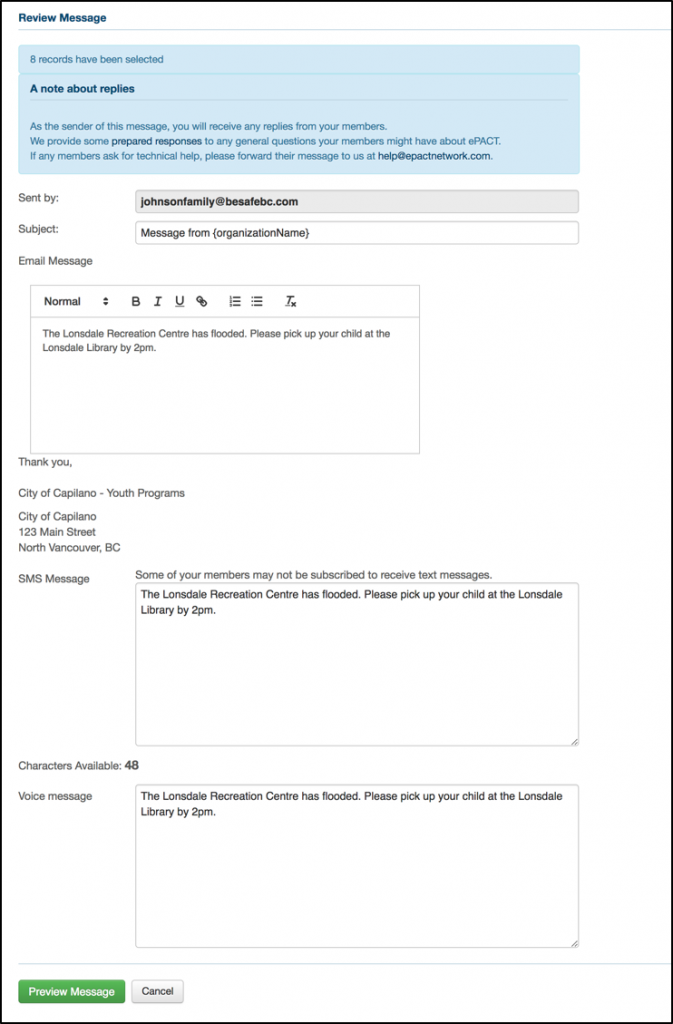 ePACT communication tools message composer