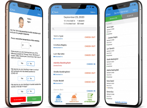 Three different screens of ePACT's Contactless Check-In/Out features