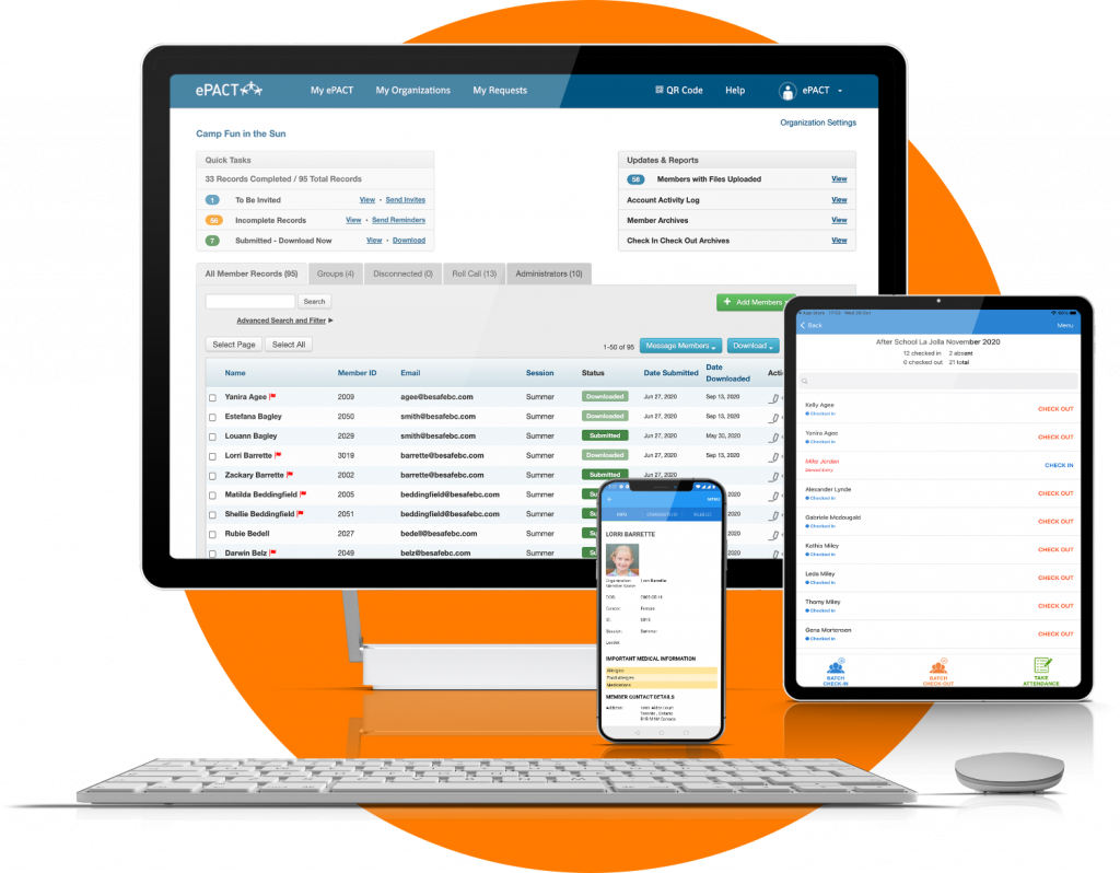 Mockup of desktop computer, iPhone and iPad displaying screens of the ePACT software